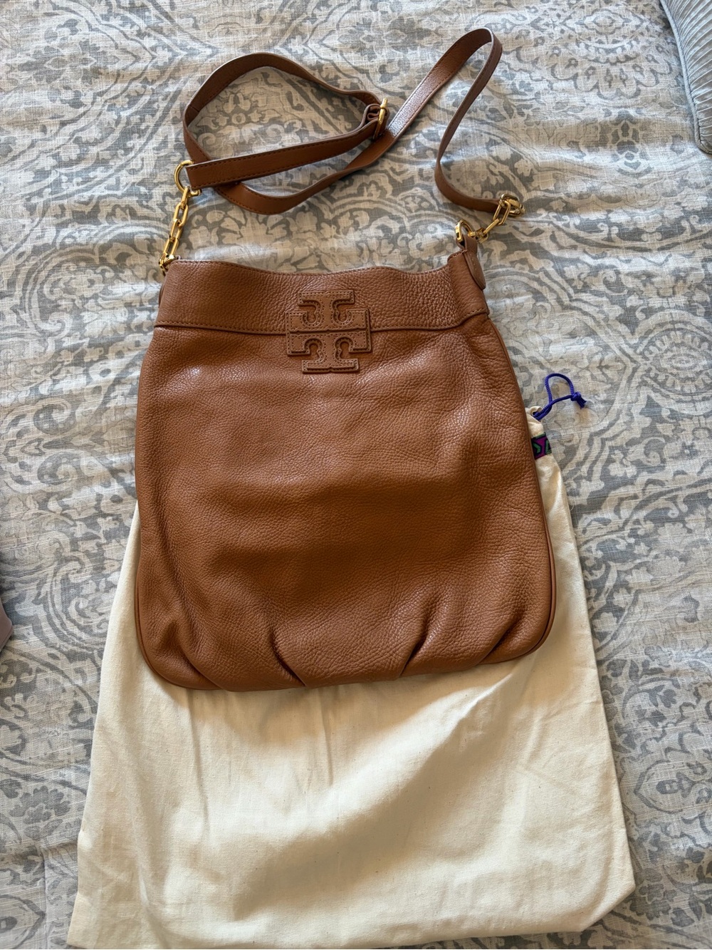 Tory Burch Cognac Pebbled Leather Shoulder Bag with Gold Hardware